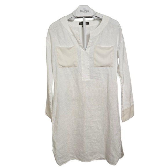 Tommy Bahama Tops - Tommy Bahama Linen Silk Tunic Top Women's White Split Neck Pocket Blouse Small